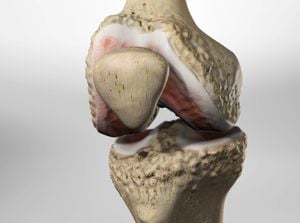 Detailed view of a human knee joint showing bones, cartilage, and surrounding tissues for medical education and anatomical study.
