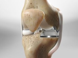 Close-up of a knee joint during total knee replacement surgery showing prosthetic components for joint restoration.